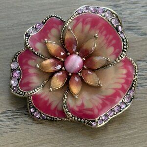 Vintage LC Liz Claiborne Brooch Pin Flower Orange Pink Enamel Rhinestones Signed